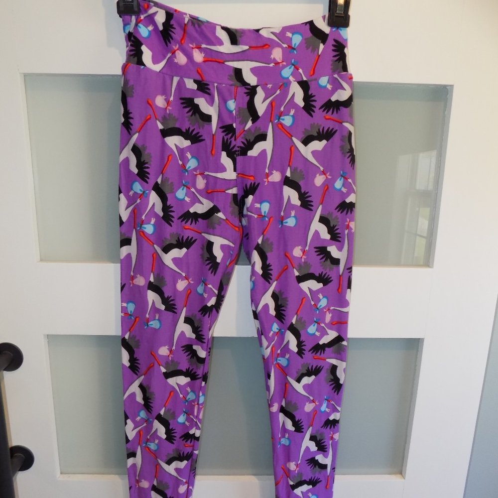 LuLaRoe Stork Purple Gender Reveal Leggings Size OS Women's EUC
